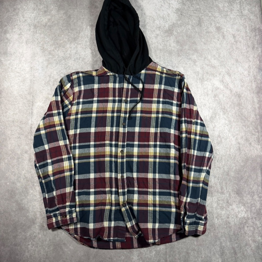 PacSun Mens XL Hooded Flannel Shirt Plaid Button Up Long Sleeve Multi Color